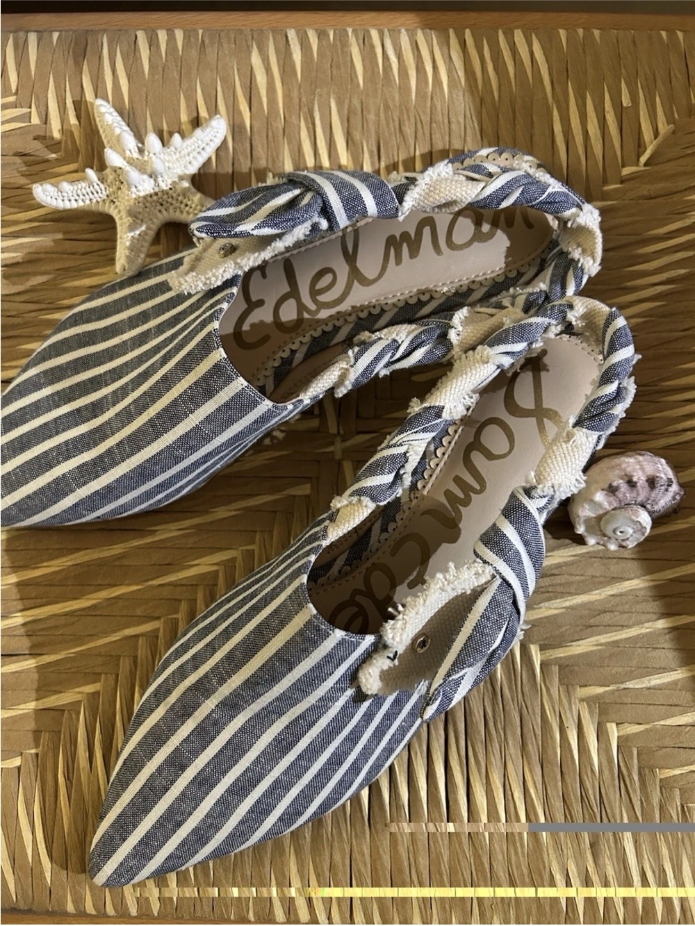 Sam Edelman Blue & White Striped Twisted Ankle Flats